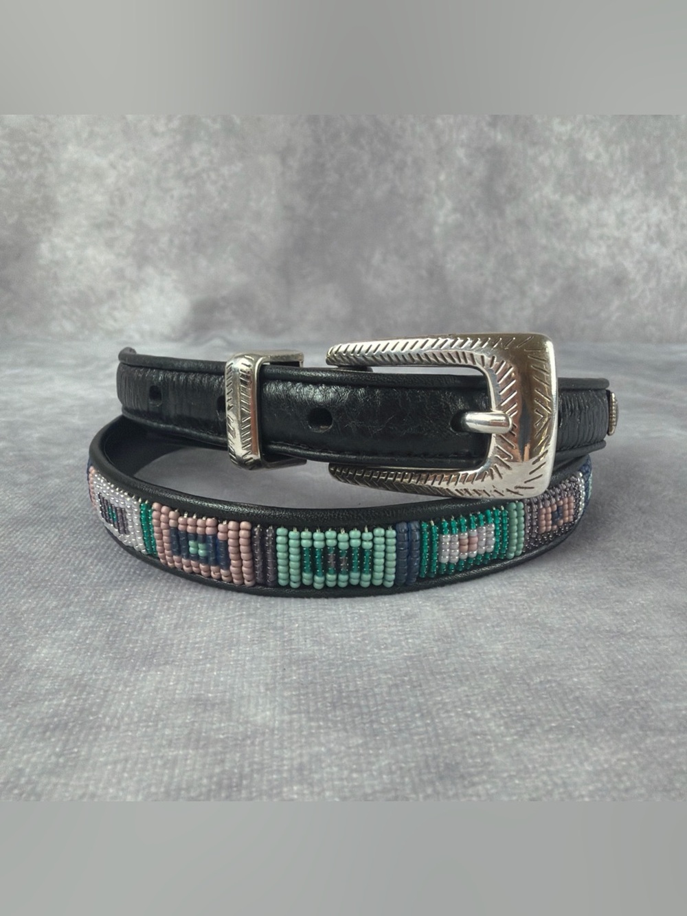 Brighton Black Leather Belt with Multicolor Beadwork and Silver Buckle
